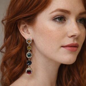 Colorful Crystal Drop Earrings | Gold Tone Statement Dangle | Vintage Glam